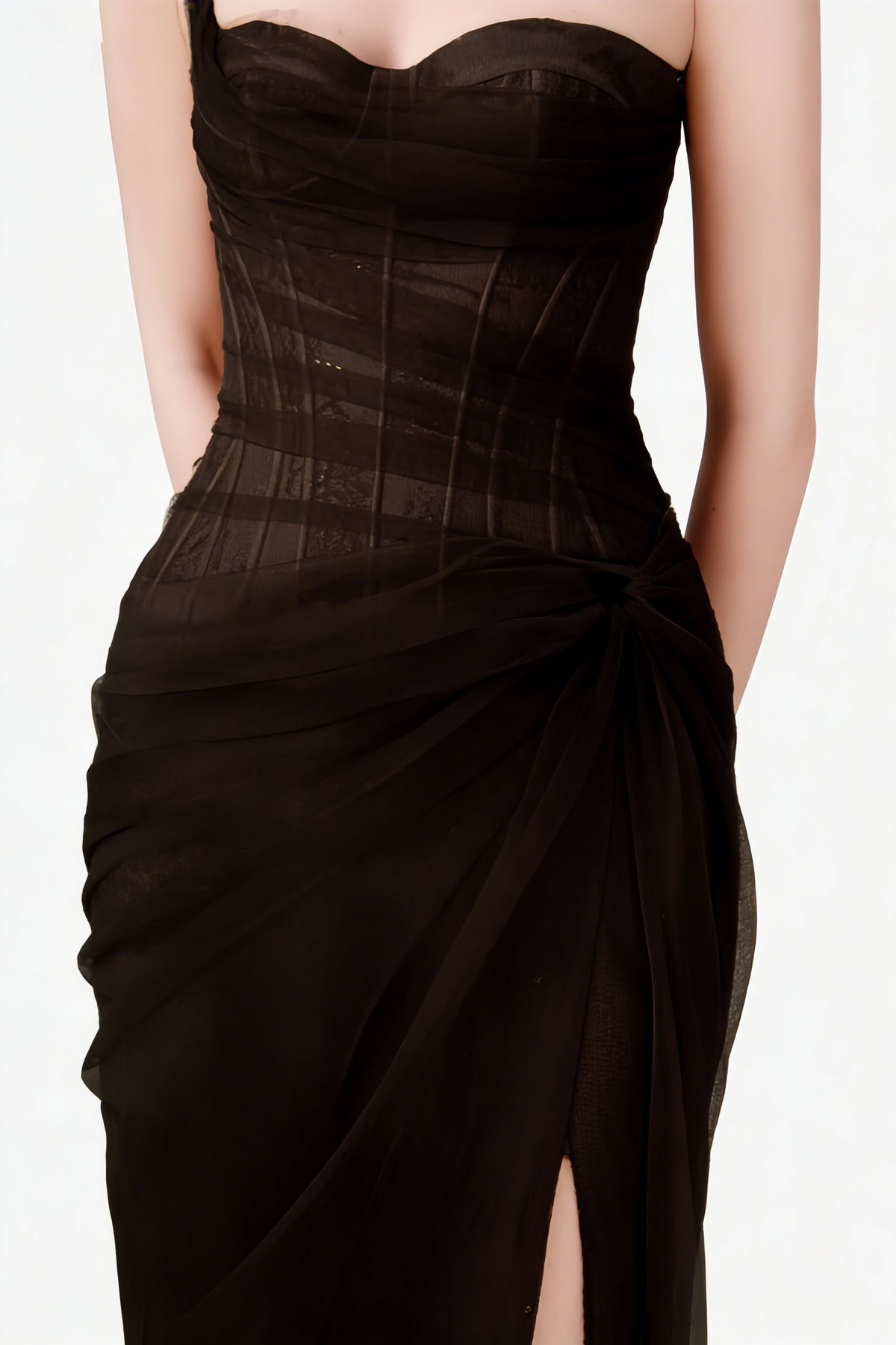 Lace Corset One Shoulder Midi Dress - Black