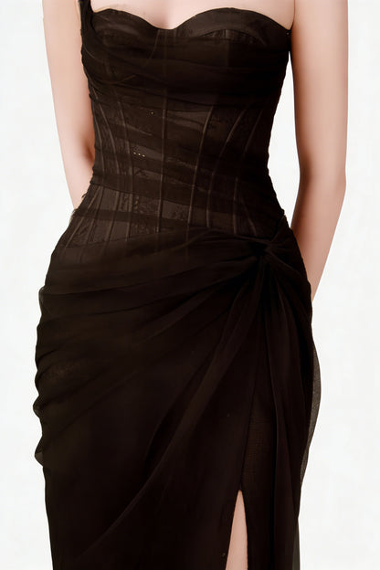 Lace Corset One Shoulder Midi Dress - Black