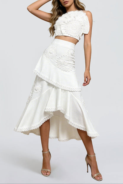 nina Ruffled strapless top floral embroidered mermaid skirt set - white