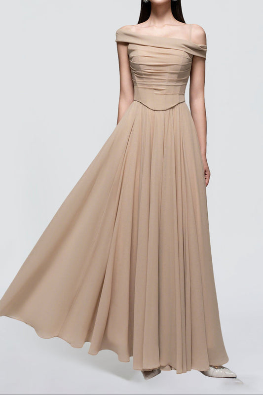 A-line Draped Chiffon maxi Dress in nude