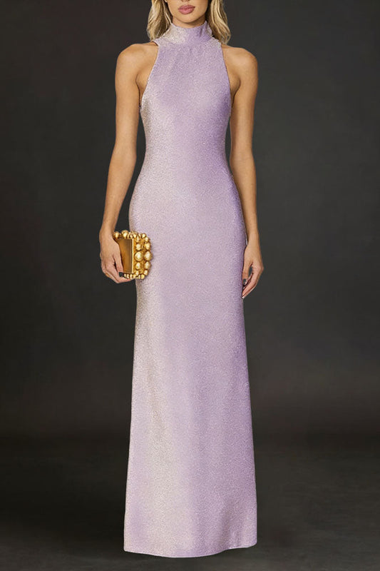 delia Sleeveless back flower embellished halter maxi dress in pale purple