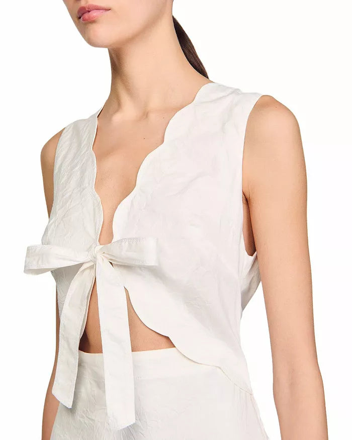 Scallop trim V-neck Crinkled Maxi Dress in ecru