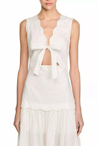 Scallop trim V-neck Crinkled Maxi Dress in ecru