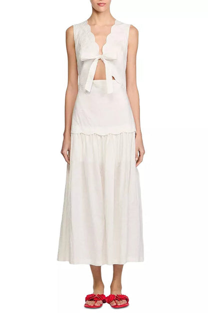 Scallop trim V-neck Crinkled Maxi Dress in ecru