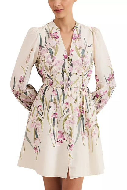floral print Blouson sleeve mini dress in ivory