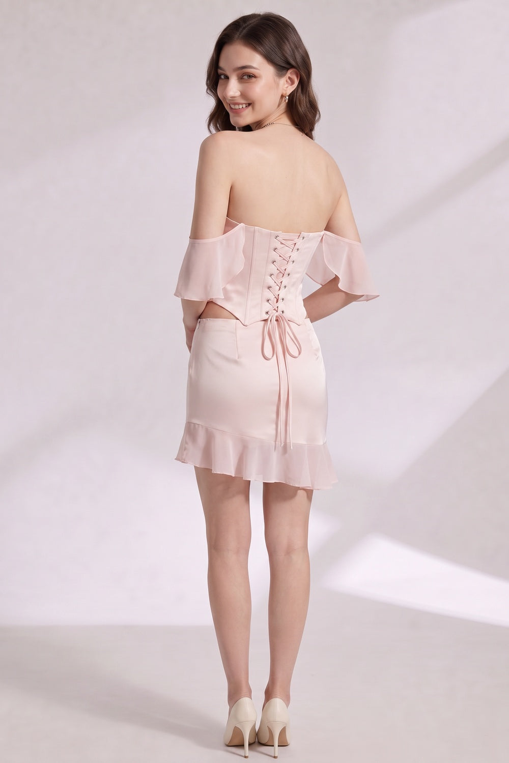 Pale pink Satin Fitted corset bodice with off-the-shoulder sleeves; fitted mini skirt with ruffled hem Two-piece set (corset top and mini skirt) Pale pink Satin Two-piece set (corset top and mini skirt) - product view 5