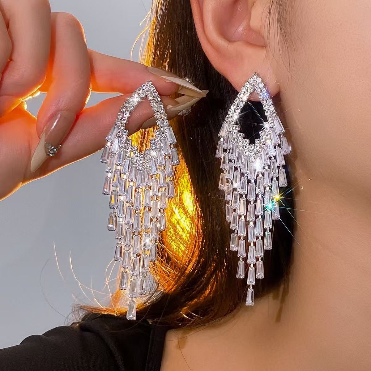 Teardrop Frame Aqua Baguette Crystal Tassel Drop Earrings