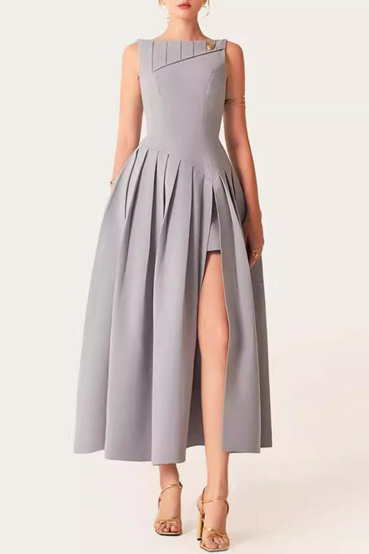 sleeveless pleated slit midi dress in gray