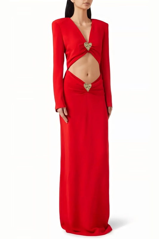 long sleeve heart cutout maxi dress in red