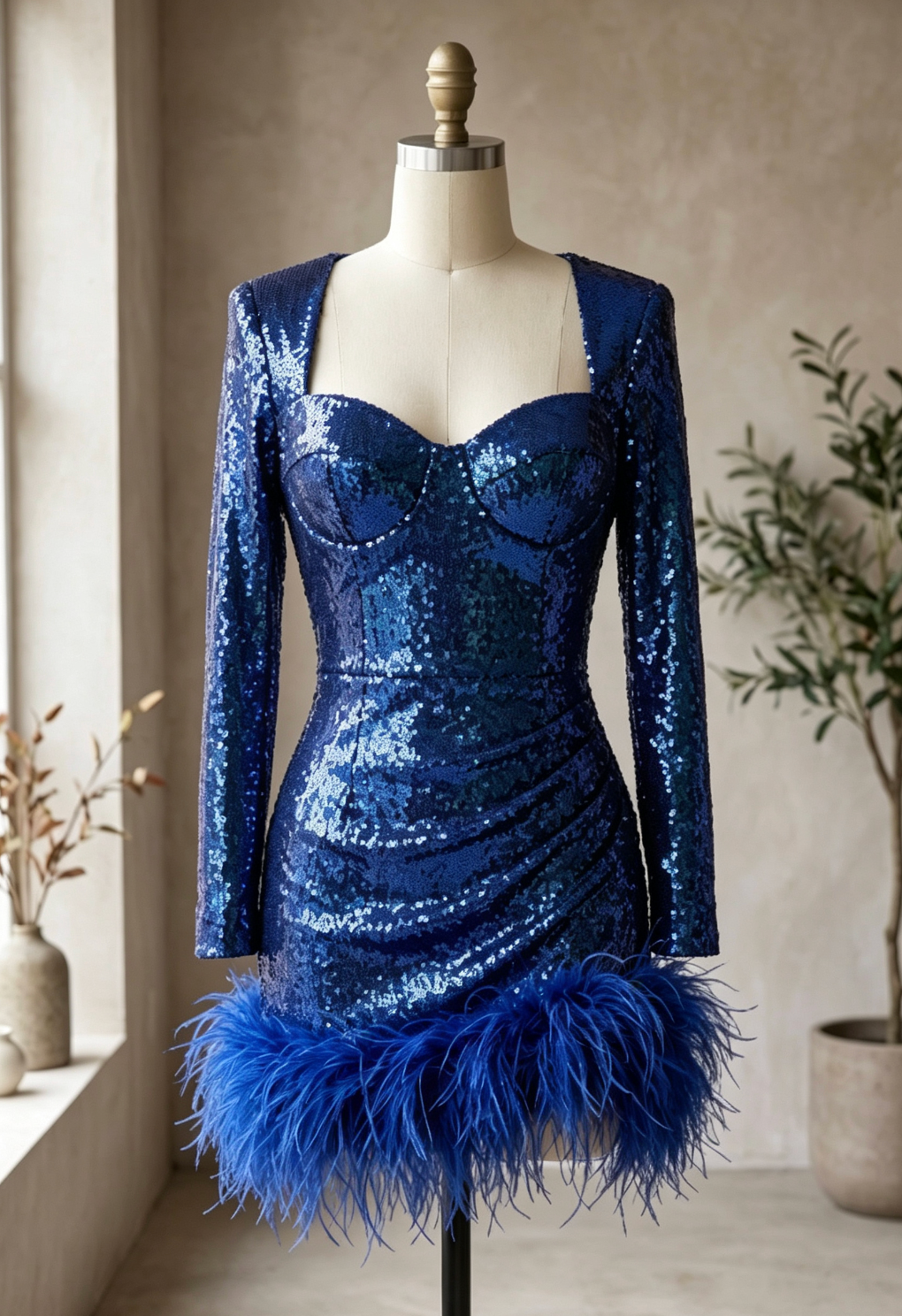 Royal Blue Sequined Knit Bodycon Mini Dress