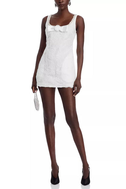 bow Tulle Lace Mini Dress in white