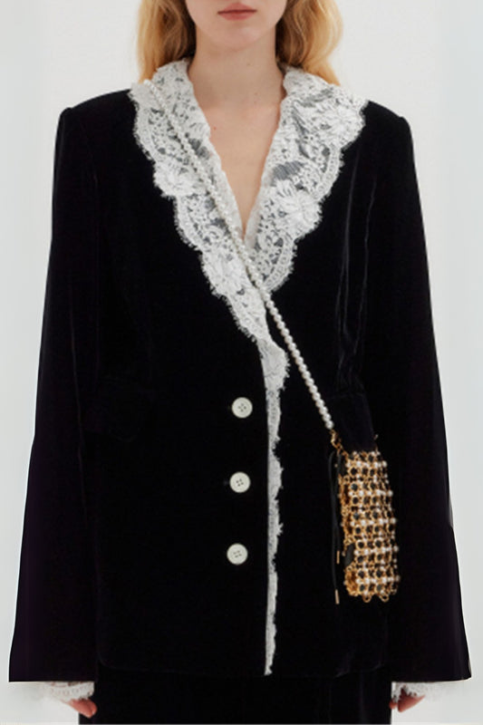 lace-neck velvet blazer in black