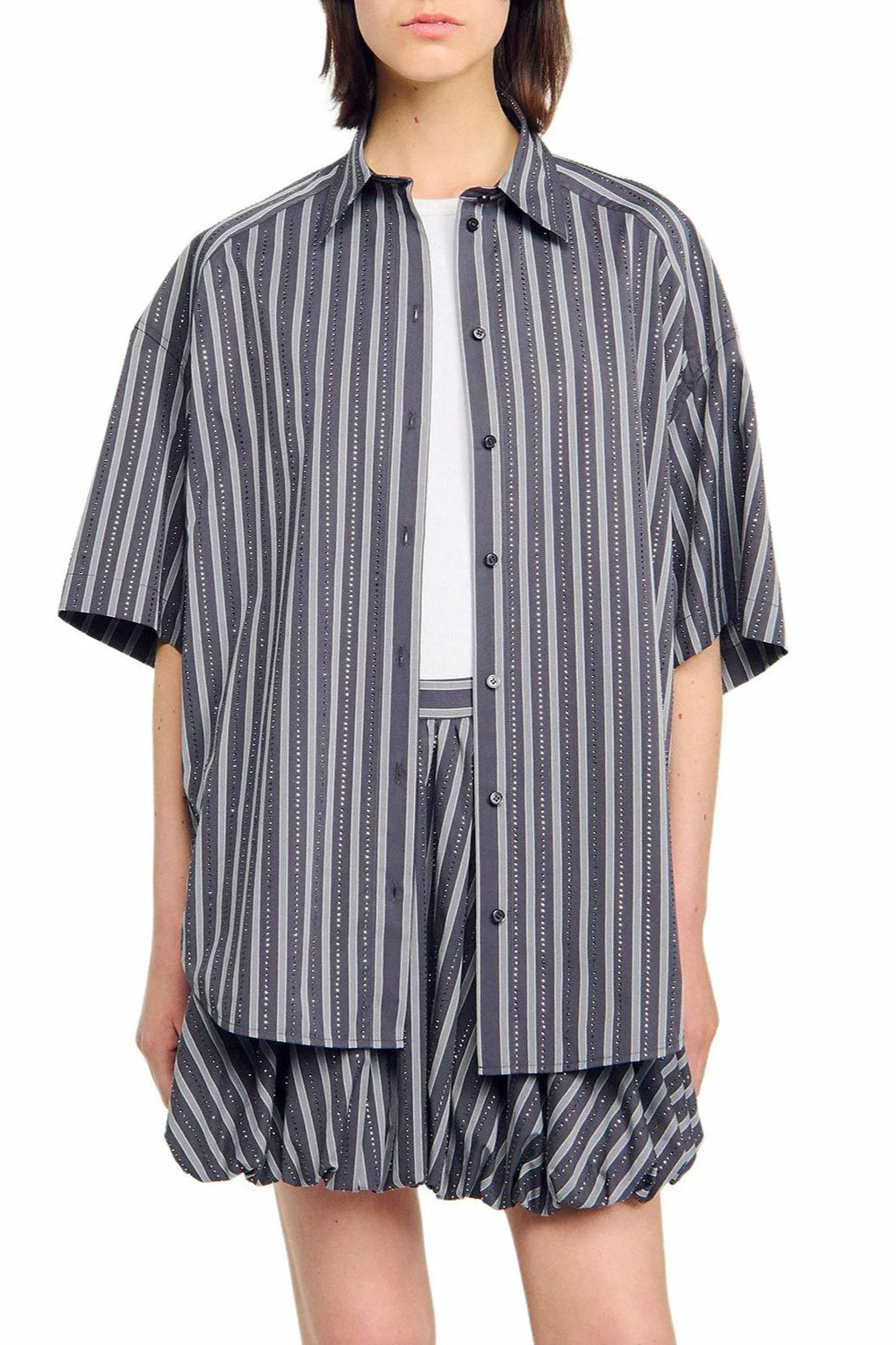 Oversized Striped Rhinestone Shirt in grey