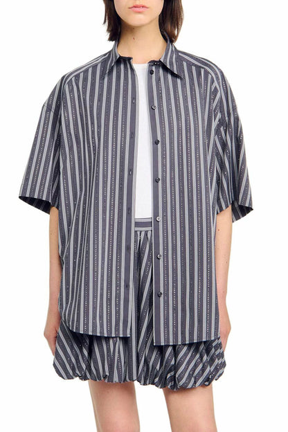Oversized Striped Rhinestone Shirt in grey