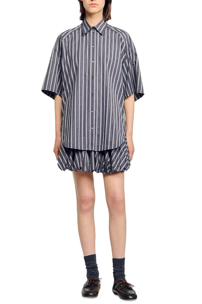 Oversized Striped Rhinestone Shirt in grey