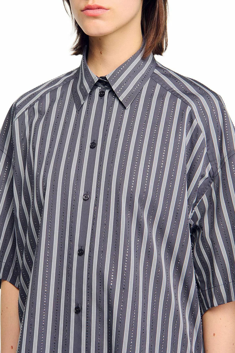 Oversized Striped Rhinestone Shirt in grey