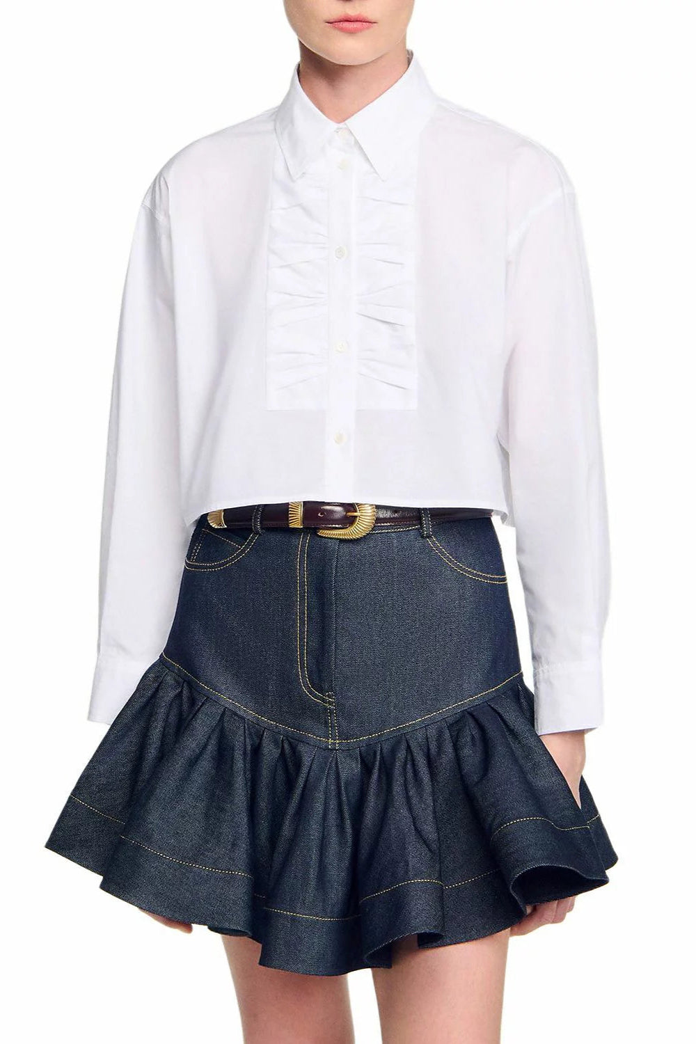 Ruffled Mini Denim Skirt in deep blue