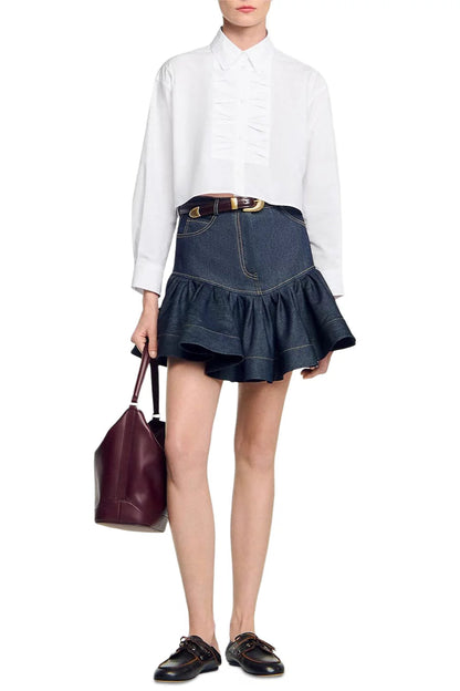Ruffled Mini Denim Skirt in deep blue