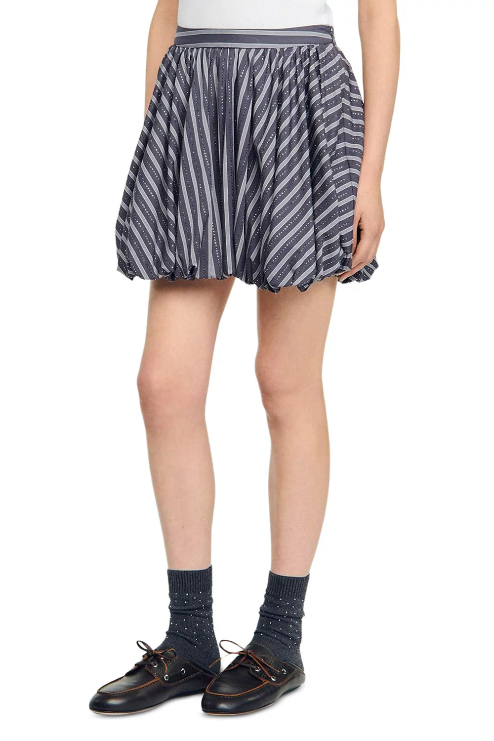 Striped Rhinestone Bubble Hem Skirt in grey