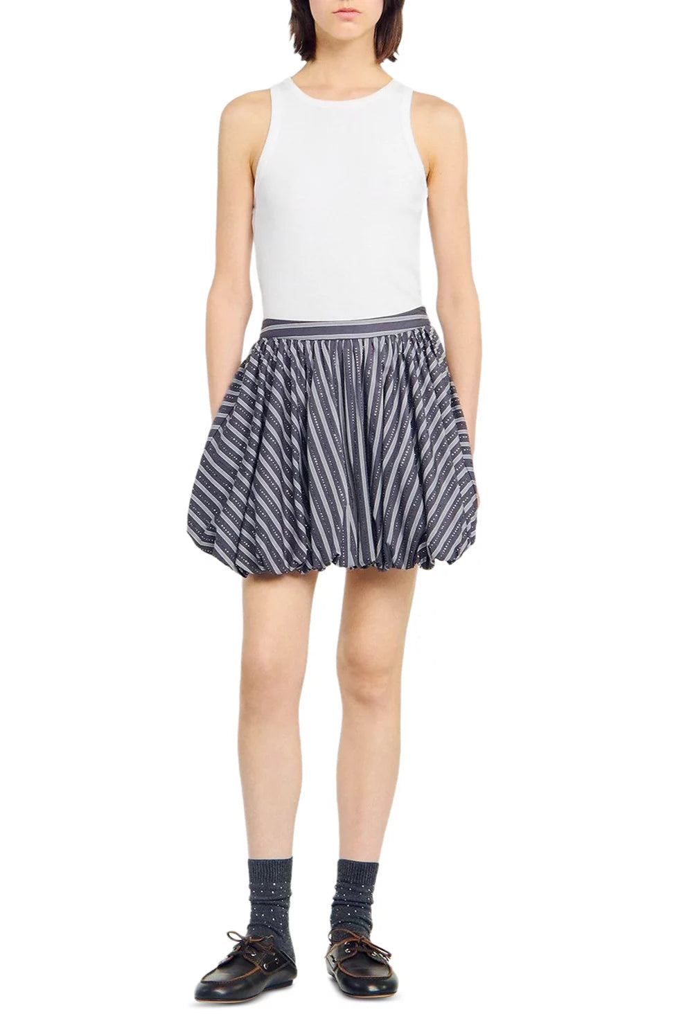 Striped Rhinestone Bubble Hem Skirt in grey