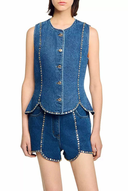 Rhinestone Denim Top in Blue