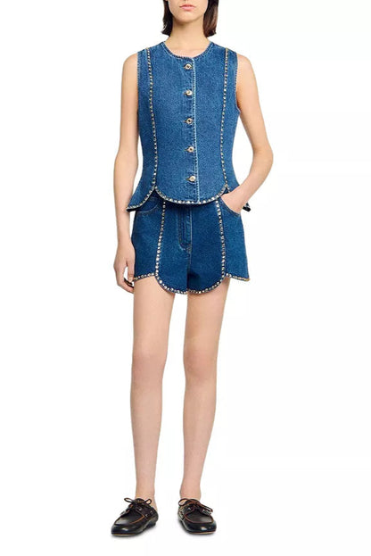 Rhinestone Denim Top in Blue