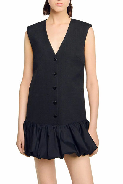Button Front Bubble Hem mini Dress in black