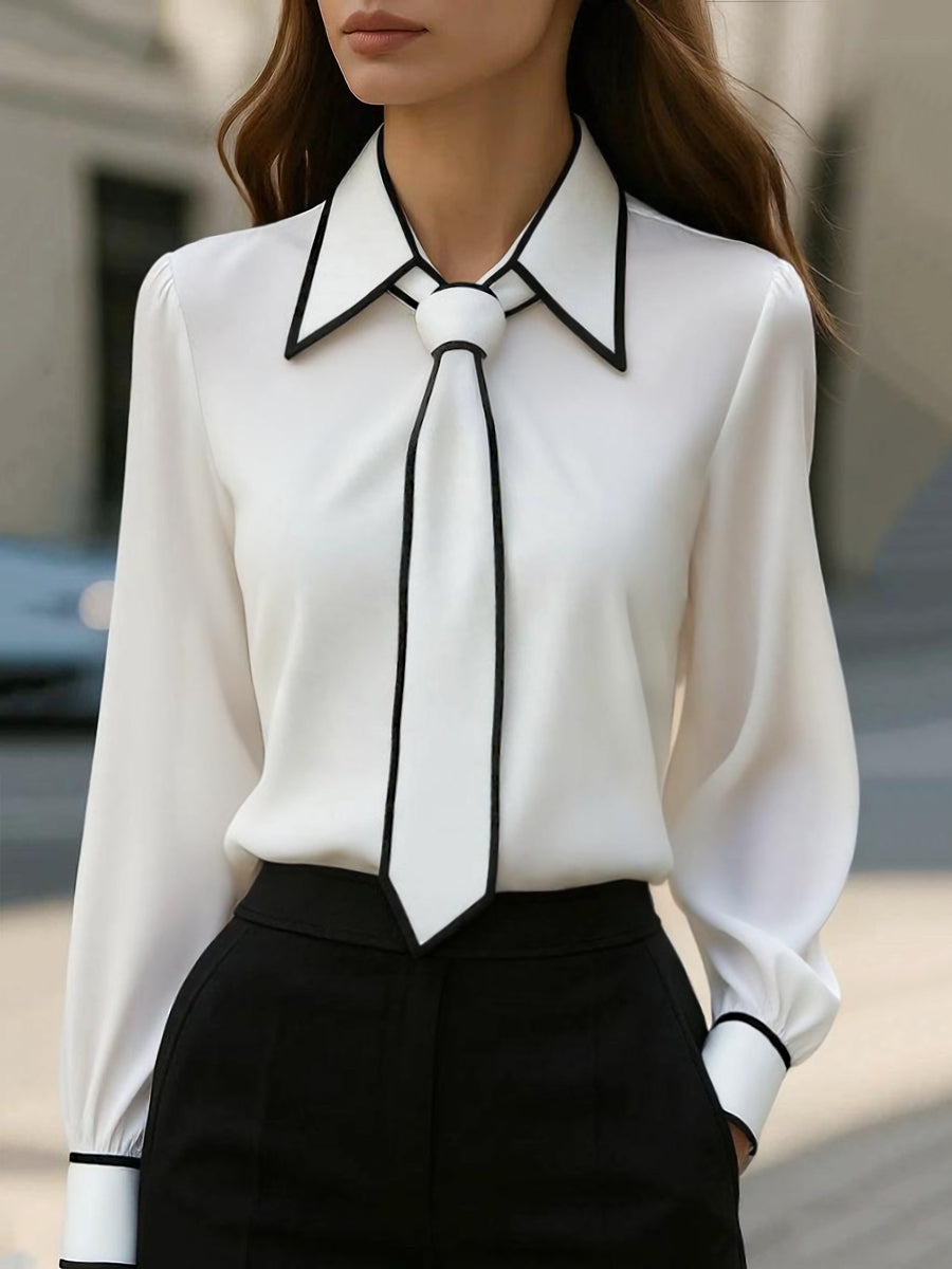 Chic Contrast Trim Tie-Neck Blouse