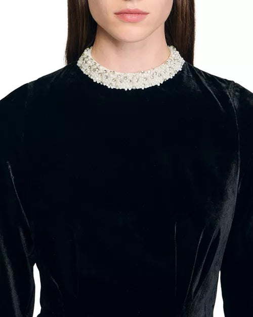 sheila Beaded Velvet puffy mini Dress in black