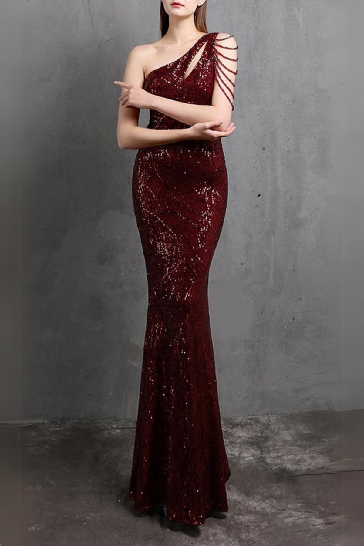 RED CUTOUT SEQUIN MAXI DRESS