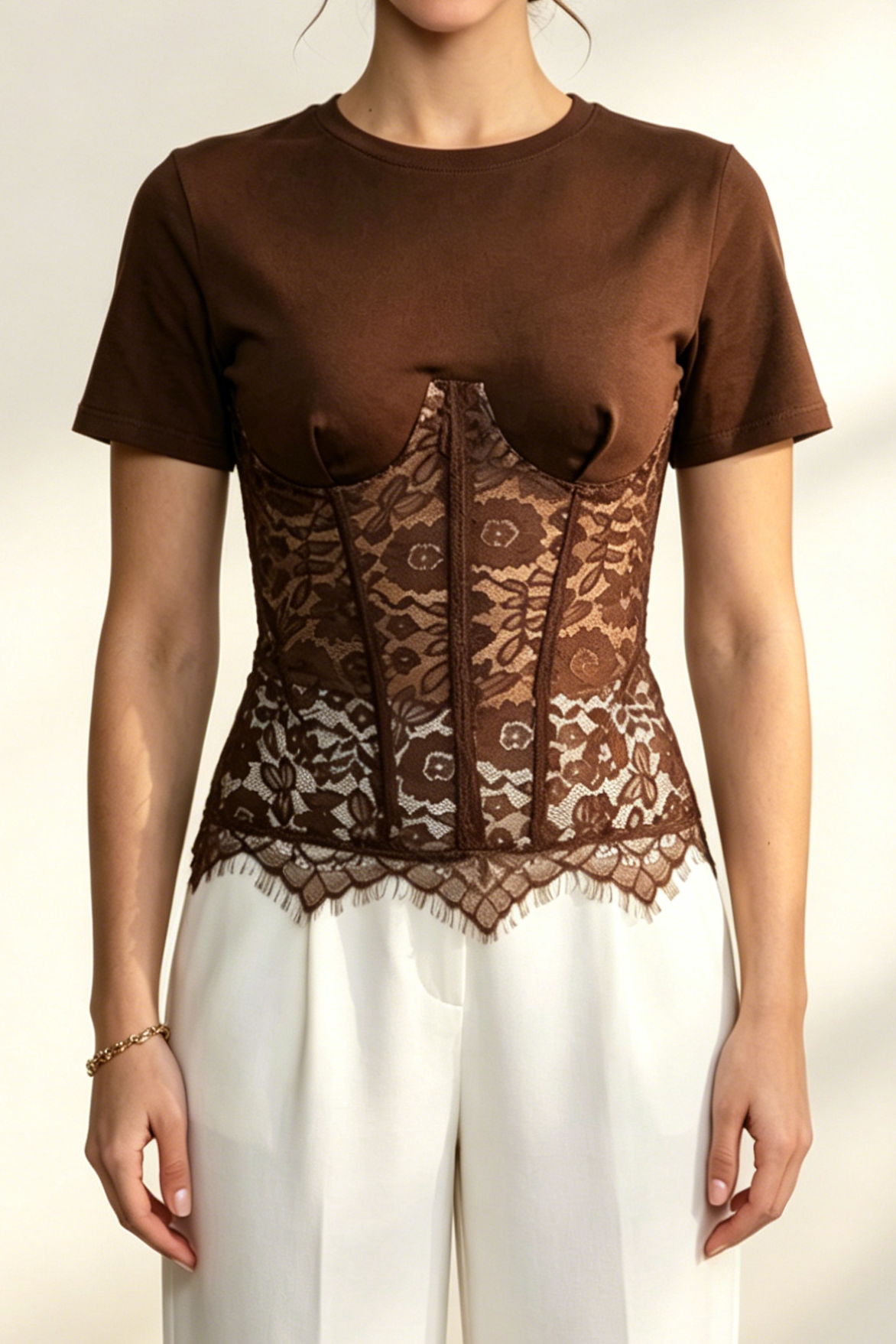 Brown Spliced Lace Corset Short Sleeve Top