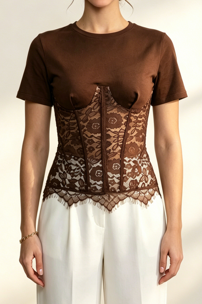 Brown Spliced Lace Corset Short Sleeve Top