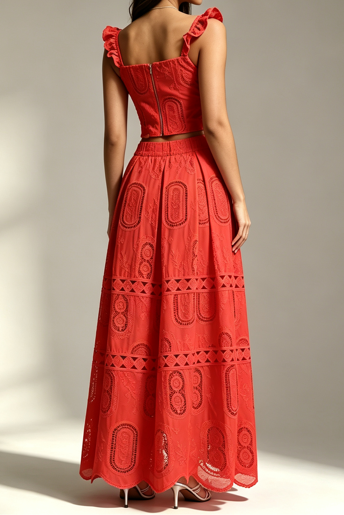 Red Ruffle Spaghetti Strap V Neck Cutout Eyelet Crop Top High Waist Tiered Maxi Skirt 2 Piece Outfit