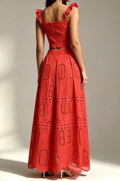 Red Ruffle Spaghetti Strap V Neck Cutout Eyelet Crop Top High Waist Tiered Maxi Skirt 2 Piece Outfit