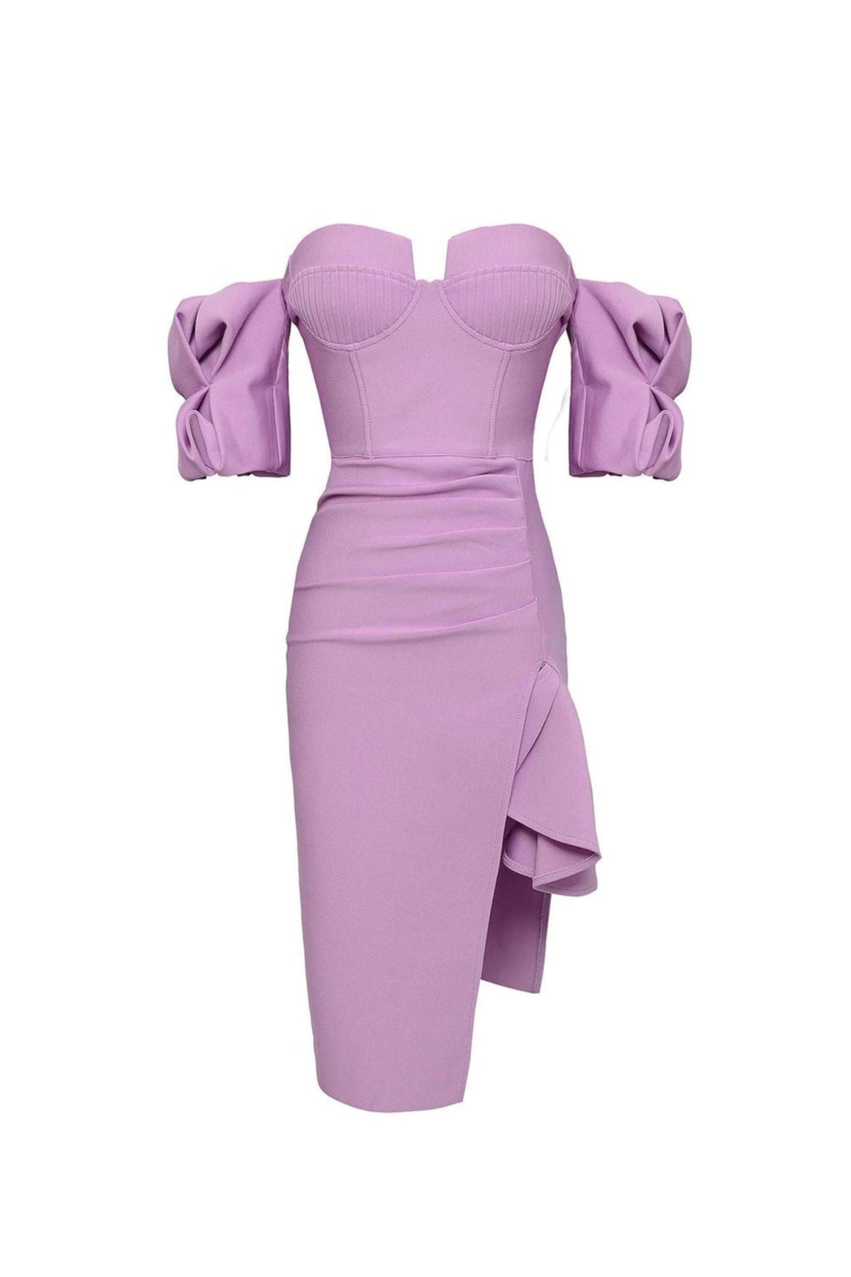 STRAPLESS DRAPED SLEEVE SLITS BANDAGE DRESS IN PURPLE