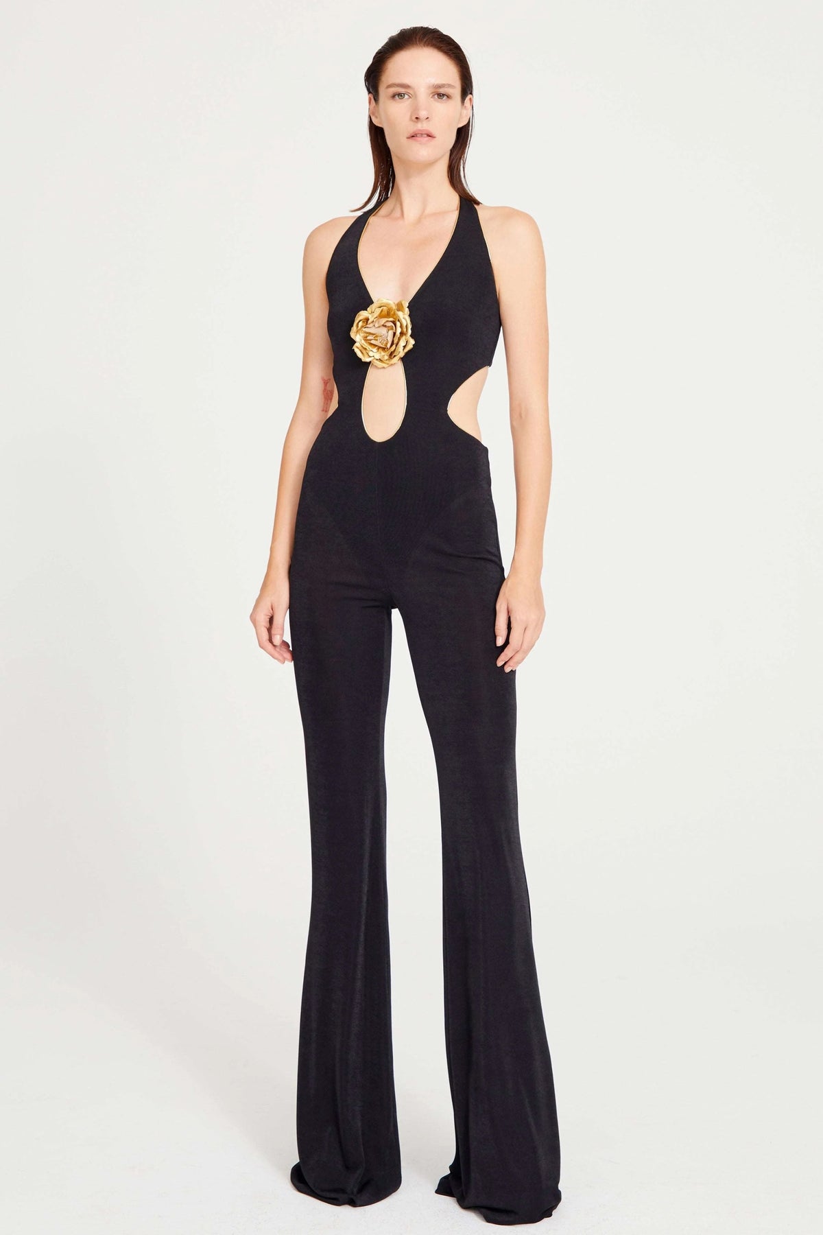 Cutout floral jumpsuits in black