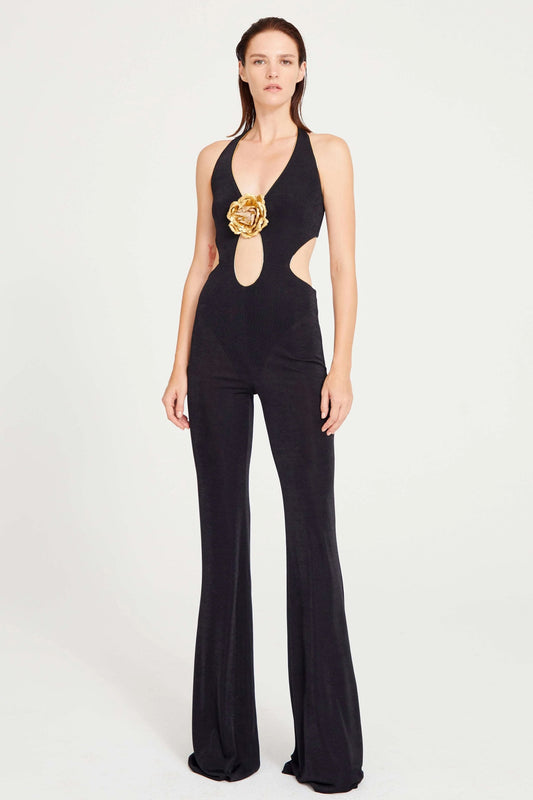 Cutout floral jumpsuits in black