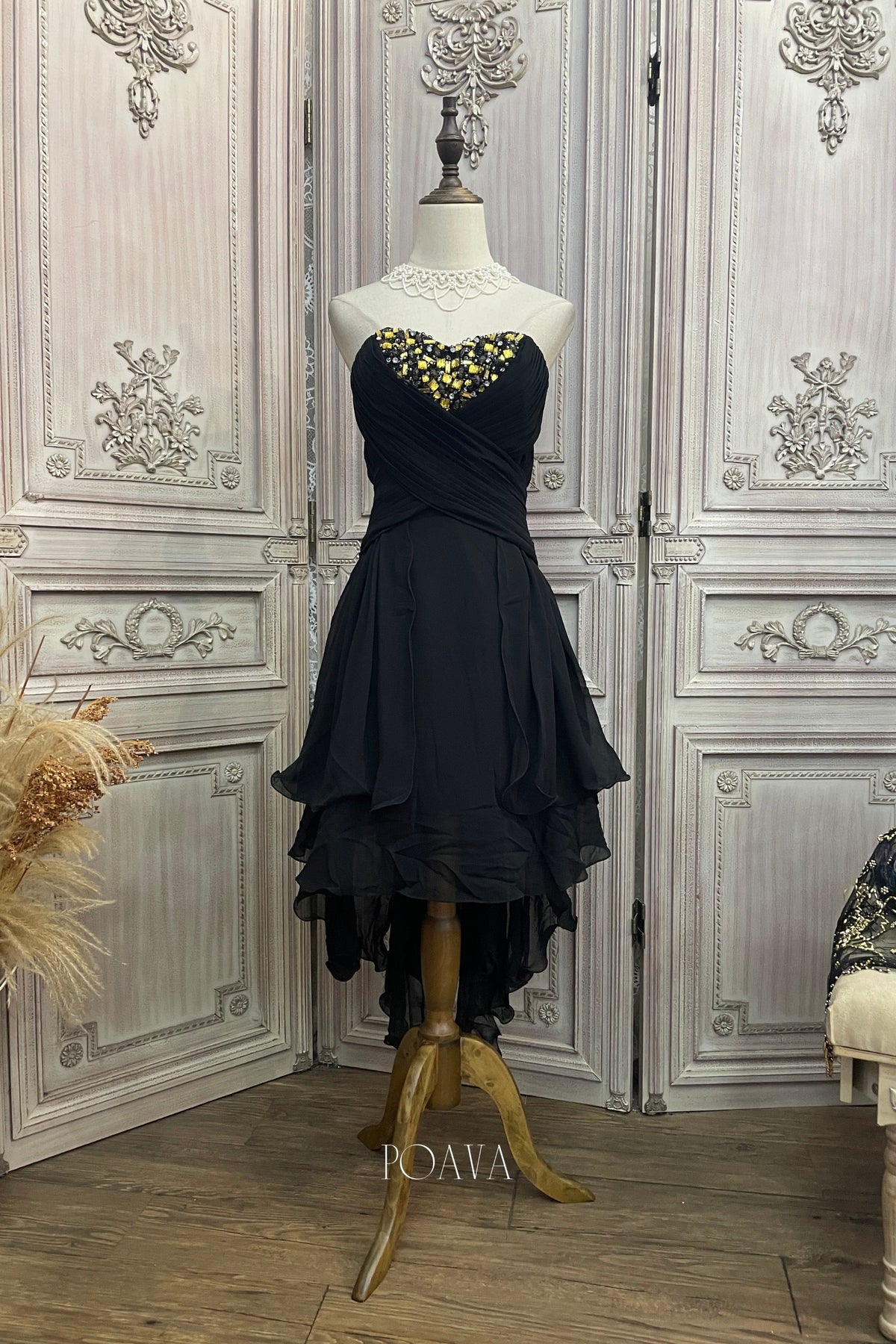 Chiffon Embellished Strapless Midi Dress In Black
