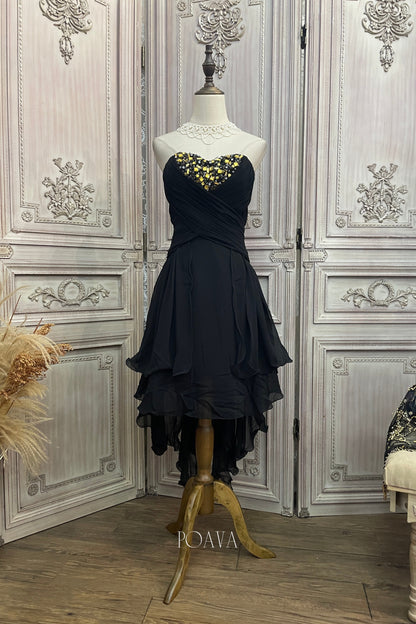 Chiffon Embellished Strapless Midi Dress In Black