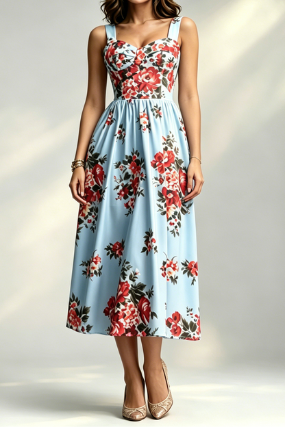 Light Blue Large Red Floral Wide Strap Sweetheart Flowy Midi Dress