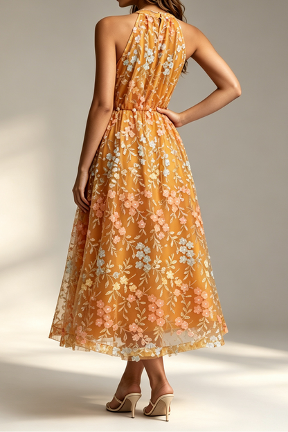 Mustard Halter Neck Sleeveless 3D Floral Embroidery Sheer Tulle Flared Midi Dress