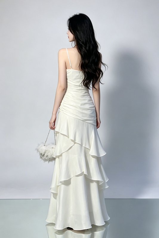 Side Ruched Tiered Ruffle Satin Spaghetti Strap Maxi Dress