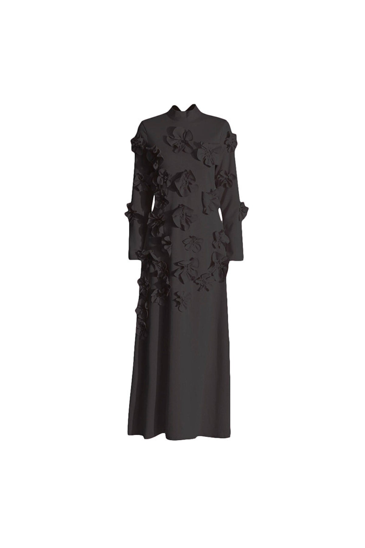 3D Flower Stand Collar Long Sleeve Midi Dress