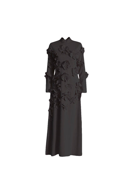 3D Flower Stand Collar Long Sleeve Midi Dress