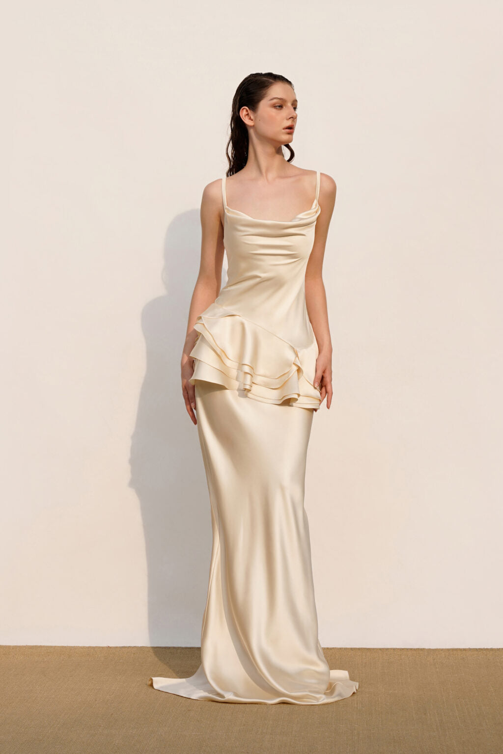 beverly Splicing ruffle silk maxi dress in apricot