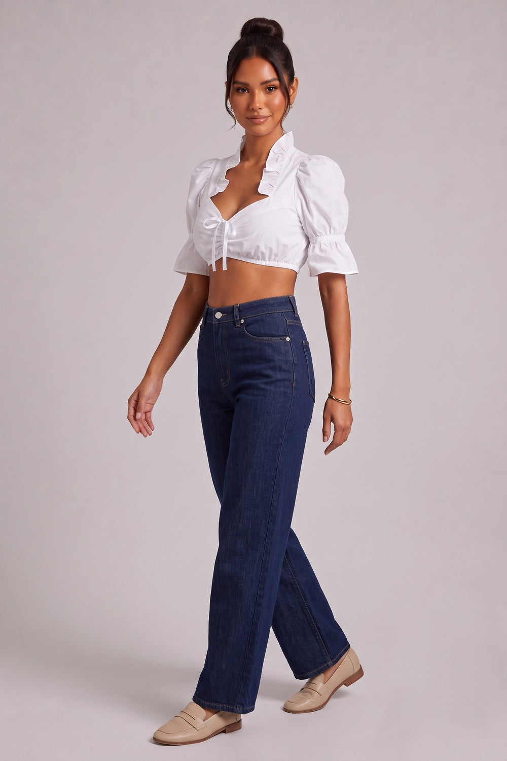 white cotton woven cropped puff-sleeve dirndl crop blouse white cotton woven dirndl crop blouse - product view 4