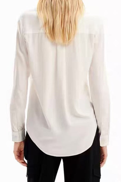 White Butterfly Print Button-Down Shirt with Striped Cuffs