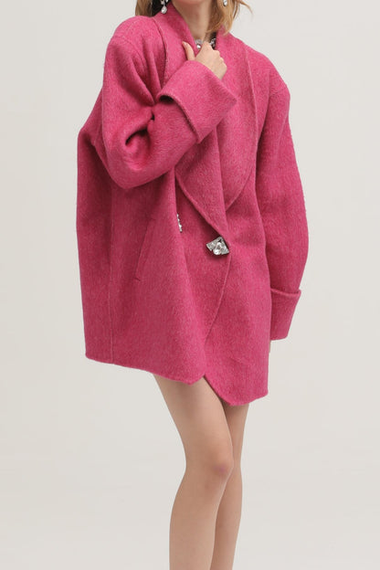Oversized Wide Lapel Rhinestone Button Wool Coat