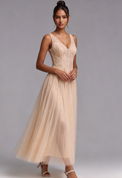Champagne Lace V-Neck Evening Dress