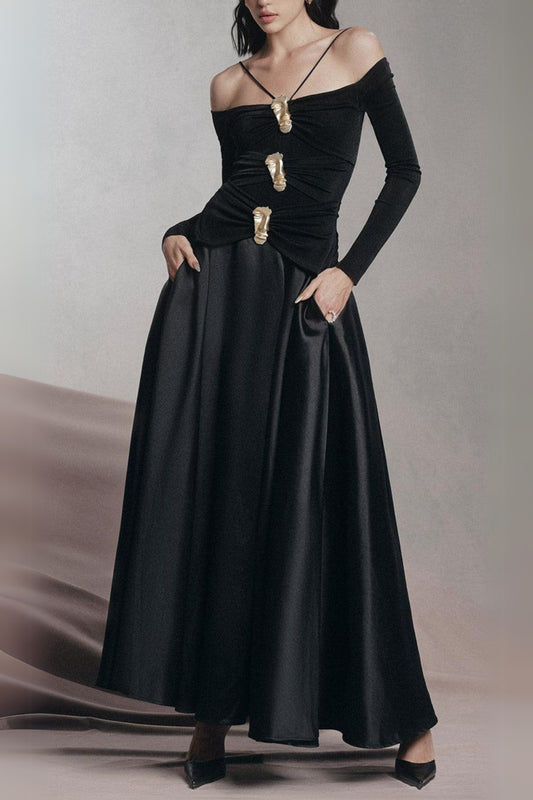 black A-line Cold Shoulder Sleeved Spandex Taffeta Maxi Dress